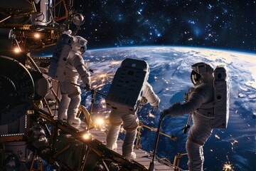 Wall Mural - astronauts working outside the international space station