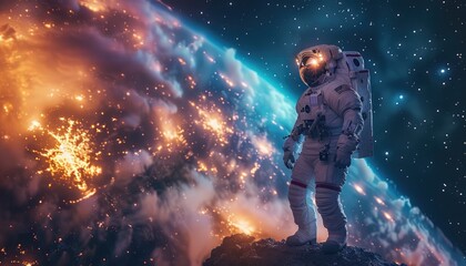 Wall Mural - astronaut standing on a rocky surface with a glowing earth in the background