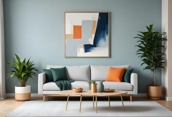 Modern Interior Poster Frame Mockup in Contemporary Living Room - 3D Render, Minimalist Poster Frame Mockup in a Modern Living Room - 3D Render Design