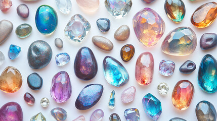 set of gemstones shimmering with aurora colors, various gemstones