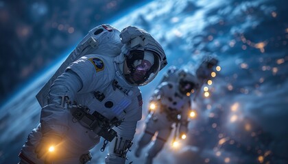 Wall Mural - astronaut in space suit with blurred background of earth and other astronauts