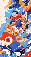 Traditional Chinese New Year boy and carp illustration poster background