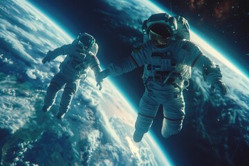 Wall Mural - two astronauts floating in space above earth