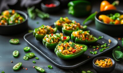 Colorful stuffed peppers on a dark table setting with fresh vegetables and herbs, showcasing a delicious healthy meal preparation