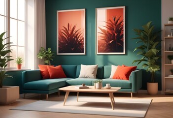 Modern Interior Poster Frame Mockup in Contemporary Living Room - 3D Render, Minimalist Poster Frame Mockup in a Modern Living Room - 3D Render Design