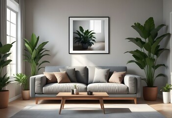 Modern Interior Poster Frame Mockup in Contemporary Living Room - 3D Render, Minimalist Poster Frame Mockup in a Modern Living Room - 3D Render Design