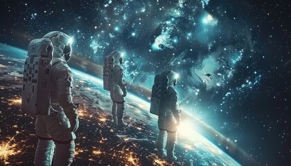 Wall Mural - three astronauts gazing at a starry galaxy from above earth