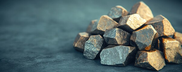 Close-up of a pile of metallic rocks on a textured surface, showcasing natural minerals and their unique textures.