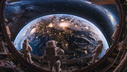 Astronauts Looking at Earth from Spacecraft Window