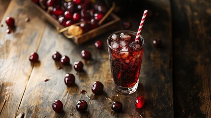 Sticker - Glass of cherry juice with a red straw in it is on a wooden table