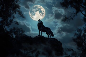  A lone wolf howling at a full moon in a dark forest