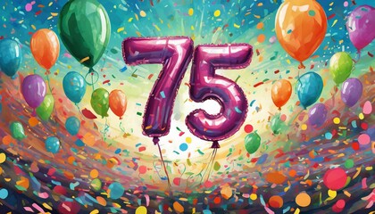 Birthday / anniversary balloon, number 75, colorful illustration with confetti and festive decoration