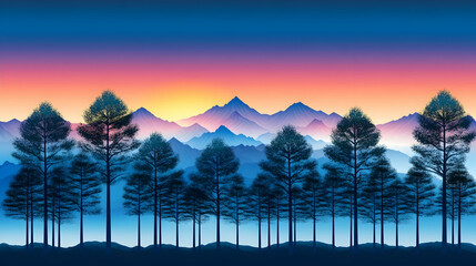 Wall Mural - A vibrant sunrise over a mountain range with silhouetted pine trees in the foreground.