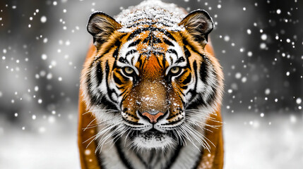 Wall Mural - Closeup of a fierce tiger's face covered with snow, showing intense eyes and the power of the wild in winter