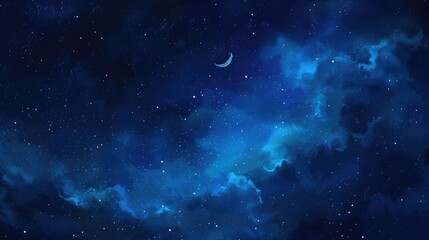 Wall Mural - Halloween Night. Starry Sky with Moon in Dark Blue Background