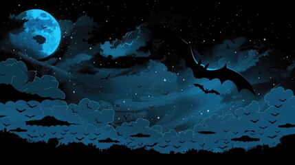 Wall Mural - Halloween Night. Spooky Sky with Moon and Stars in Dark Blue Background