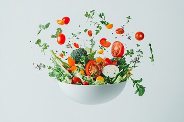 Fresh salad ingredients scattered above a bowl in a modern kitchen setting with vibrant colors and healthy vegetables