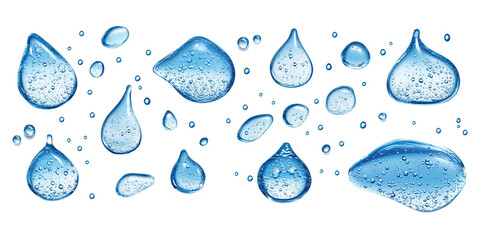 Poster - Various sizes of transparent water droplets with realistic reflections and bubbles are scattered on white background, creating refreshing and clean visual effect