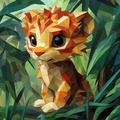 playful animal in jungle but expression in low polygon style for children in comic background