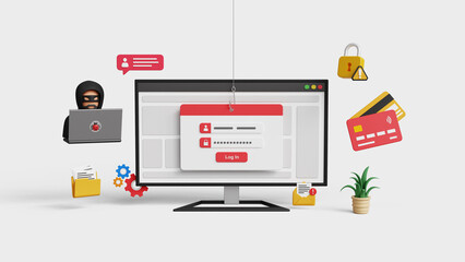 Phishing alert, hacking attack, personal data security. Personal information at risk, stealing username and password, cyber security concept. 3D fake login screen on a computer