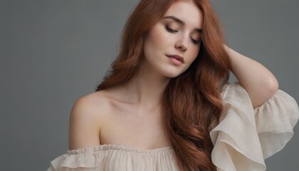 Elegant woman with long red hair, wearing an off-shoulder top, posing with a soft expression.