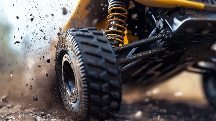 A close-up shot of an off-road vehicle tire kicking up dirt, showcasing the suspension and rugged design in action.