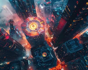 Capture a birds-eye view of a futuristic cityscape merging vibrant abstract art shapes Utilize photorealistic digital techniques to craft unexpected camera angles that showcase the