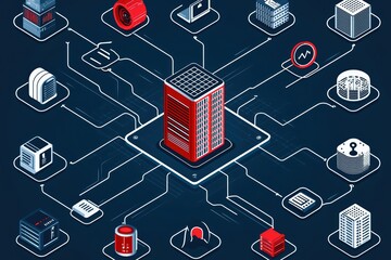 Poster - An illustration of a red data center connected to various digital elements in an abstract network.