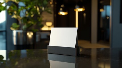 Poster - Blank card holder on a modern office desk with a plant and ambient lighting in the background, ideal for business or creative settings.