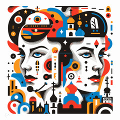 Vector illustration of a man and woman face with abstract colorful background.