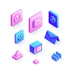 Colorful 3D icons representing communication and email on a white isolated background.