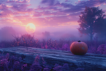 An old wooden plank with orange pumpkins, purple background with moonlight Halloween background.