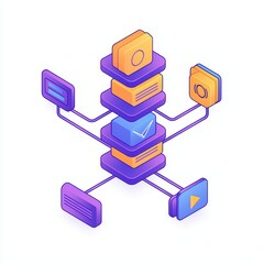Poster - Colorful isometric illustration of data management with interconnected digital elements on a white isolated background.