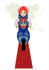 Wall Mural - Russian nesting doll sitting at the wheel of a motorcycle against the background of the map of Eurasia. Treats in a pot are carried by motorcyclists. Travel, friendship of peoples. illustration