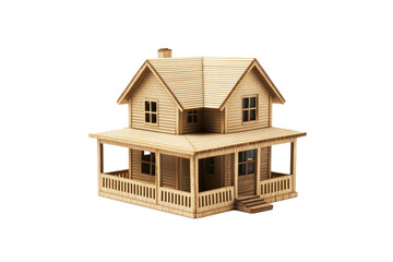 Poster - Wooden house model against a white isolated background, showcasing architectural details and craftsmanship.