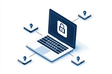 Laptop with a lock icon representing data security and protection, white isolated background.