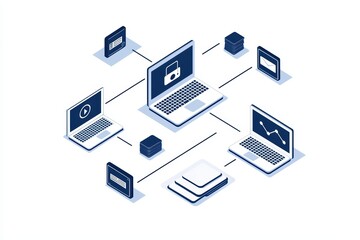 Poster - Modern digital network concept with interconnected laptops and data storage.
