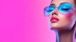 © Anna - A confident young woman showcases her bold makeup and trendy blue sunglasses, exuding style and beauty while posed against a vivid pink backdrop