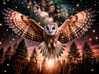 Poster - enigmatic owl double exposure art: nature and night sky fusion for mystical imagery