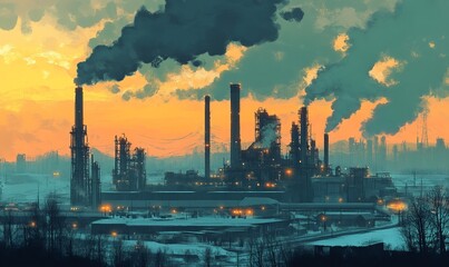 A striking industrial scene showcasing a refinery with smoke rising against a stark backdrop, illustrating energy production