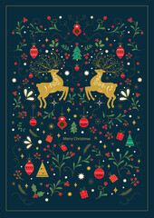 Wall Mural - merry christmas cover design with christmas deers, toys and decorative branches. christmas greeting 