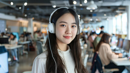 A young Chinese woman with long hair wearing headphones, smiling at the camera in an open office full of people working on computers.