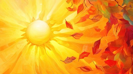 A stylized illustration of a bright sun and autumn leaves in a yellow, orange, and red color scheme.