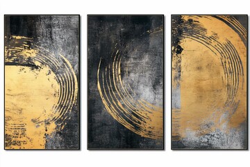 Set of three abstract creative painting backgrounds. Gold color, canvas modern art, abstract wall art. Interior decoration art. abstract texture