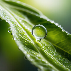 Wall Mural - water drops on green leaf