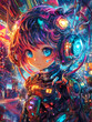 © Ainima Art - Mystical Yokai Chibi in Solarpunk and Synthwave Style: Anime Illustration