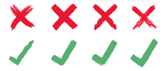 Poster - grunge green check mark and red cross x vector icon. yes sing. no wrong symbol. green sign of consen