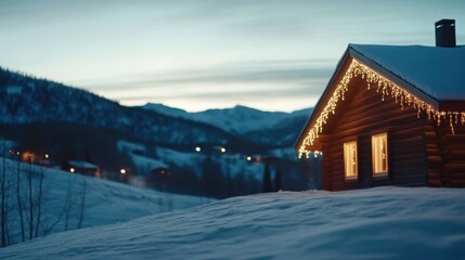 A cozy wooden cabin glows with festive lights, nestled in snowy mountains as dusk blankets the serene winter landscape.