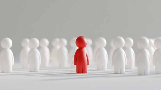 A lone red figure among a group of white figures represents uniqueness leadership and individuality within a social setting
