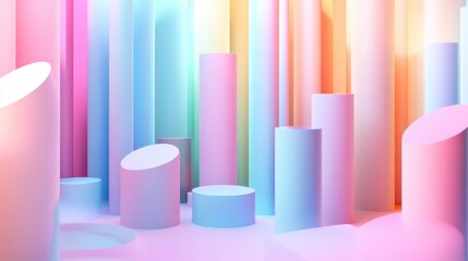 Poster - 3d render featuring an abstract background with tubes and primitive geometric shapes in a pastel neo